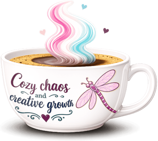 White coffee cup with colorful pink, white, and teal swirling steam, a purple dragonfly illustration, and the words "Cozy chaos and creative growth."
