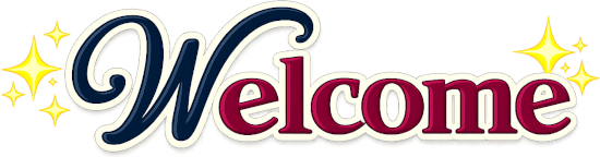 Decorative "Welcome" wordmark in navy blue and burgundy with sparkling gold stars.
